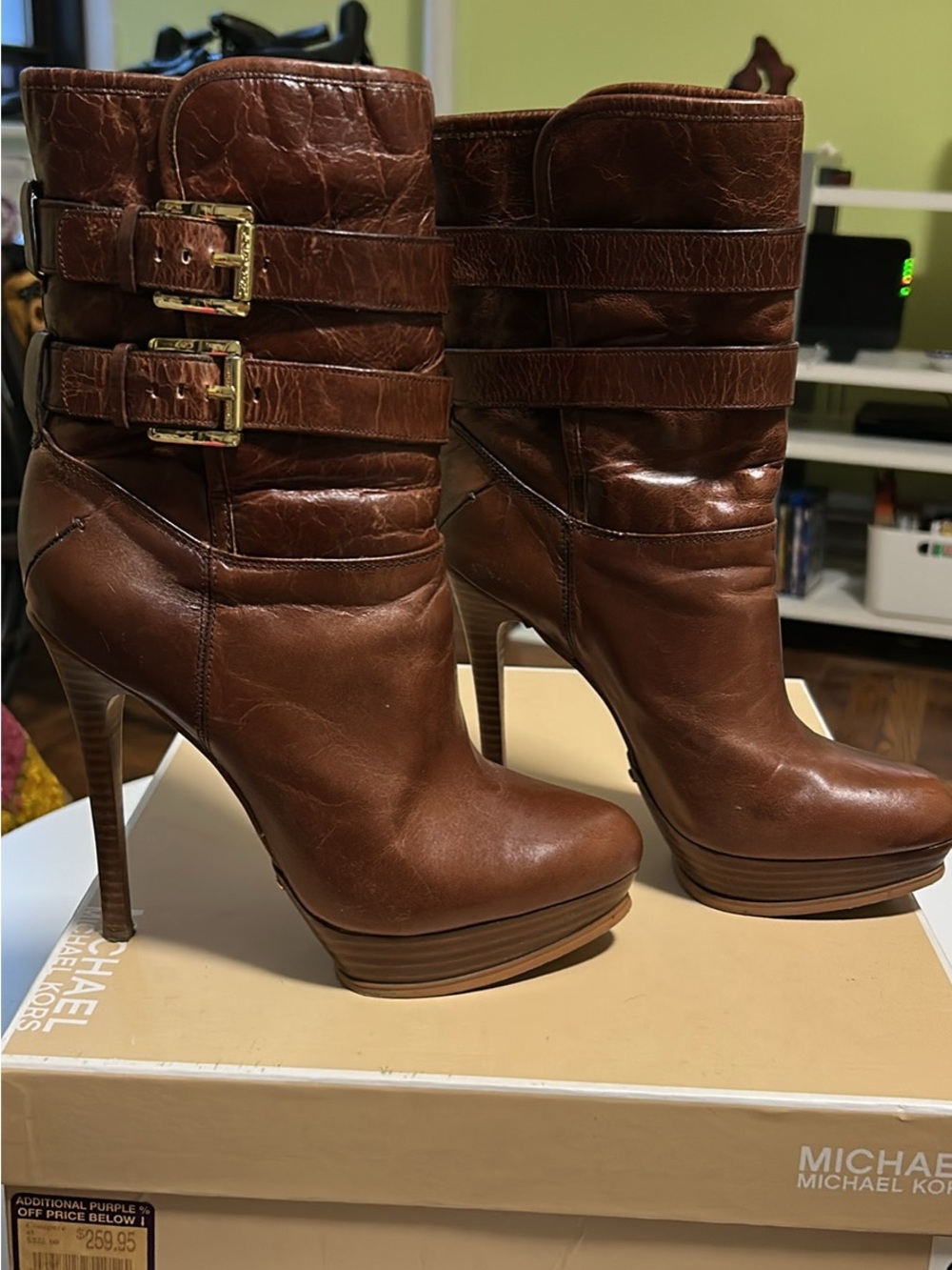 Michael Kors Cognac Leather Strappy Platform Stiletto Boots